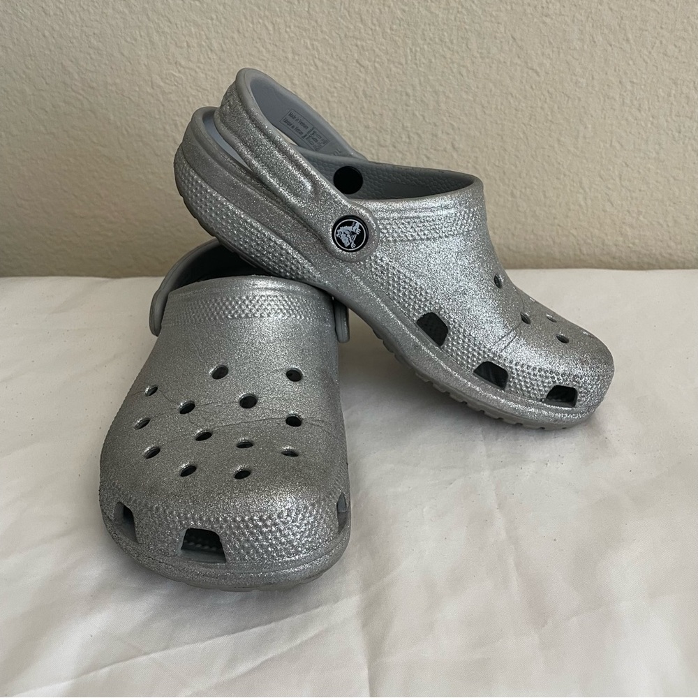 silver glitter crocs